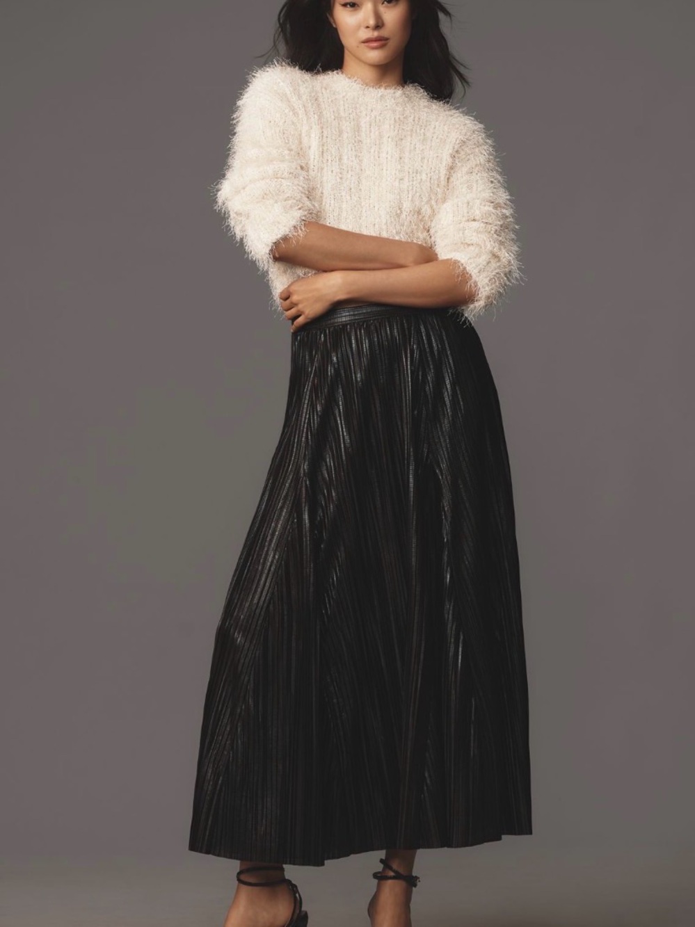 Anthropologie Metallic Pleated Midi Skirt